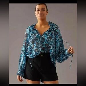 Anthropologie Sheer Printed Peasant Blouse Blue Floral Ruffles size Small